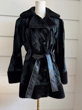 Vintage 1970s Black Faux Fur Coat Glam Mod Twee